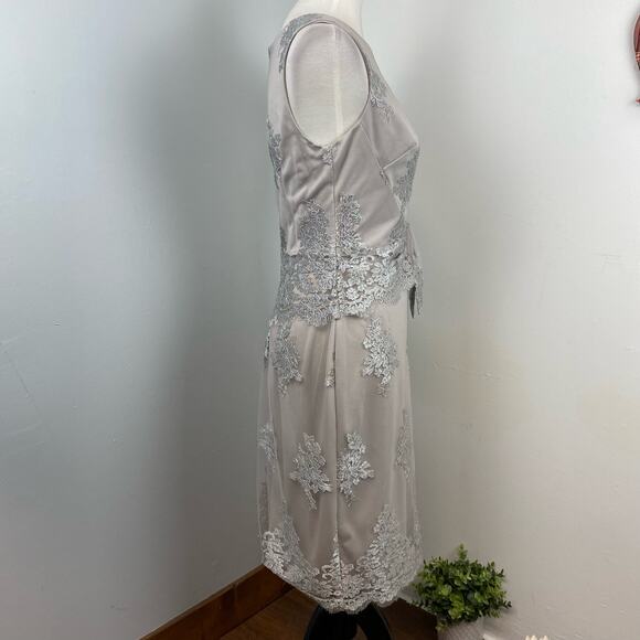 Eva Franco Silver Floral Embroidered Tulle Sleeveless Sheath Dress Size 2 - Picture 4 of 8